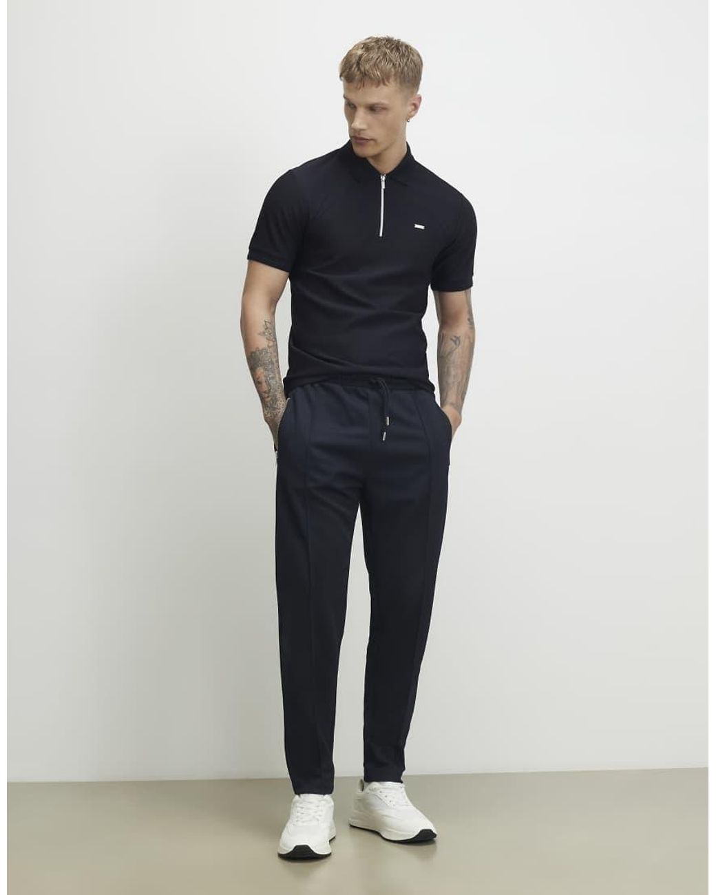 River Island Blue Muscle Fit Textured Zip Polo Shirt for men
