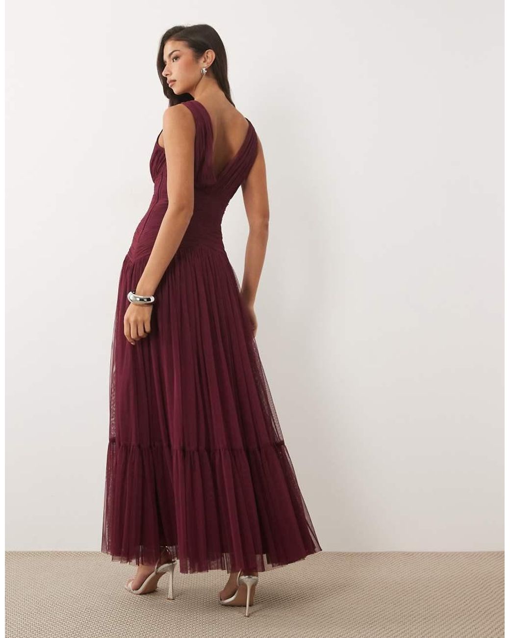 LACE & BEADS Purple Bridesmaid Tulle Sleeveless Dropped Waist Tiered Hem Maxi Dress