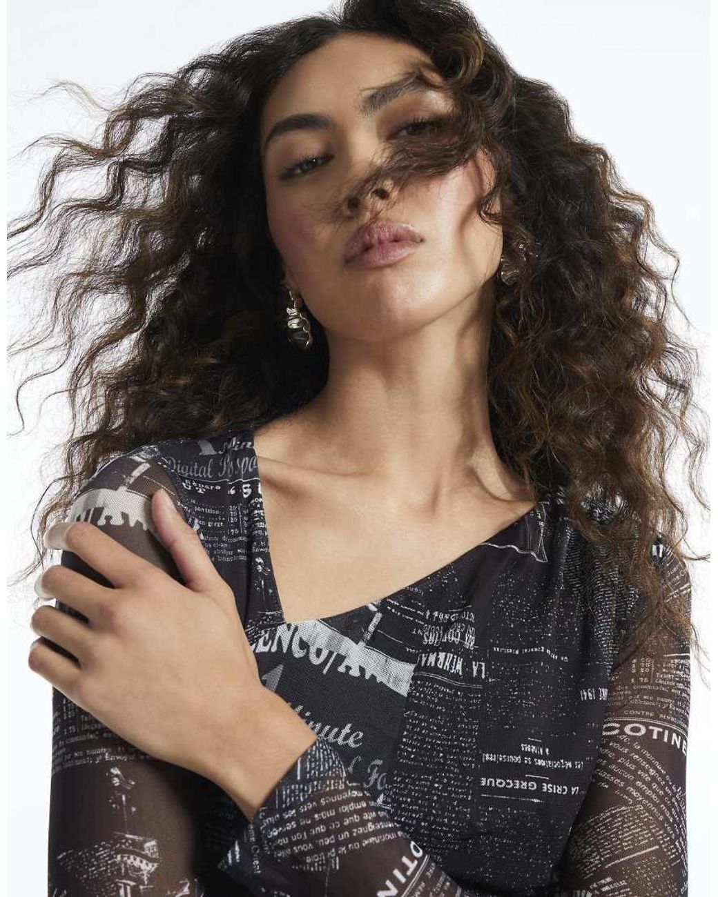 River Island Black Long Sleeve Mesh Newspaper Print Top