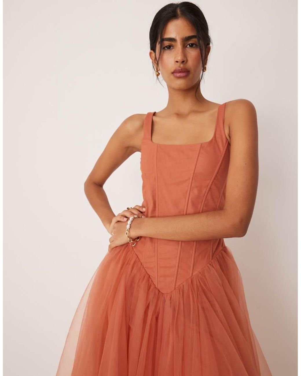 LACE & BEADS Orange Corset Drop Hem Midi Dress