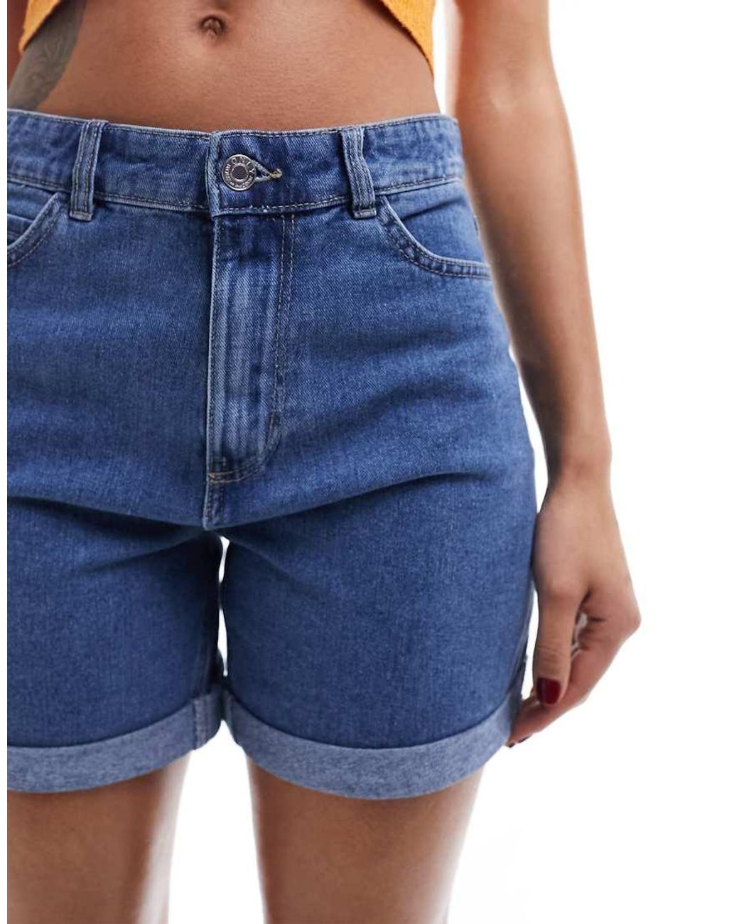 ONLY Blue Vega Low Rise Rolled Hem Denim Mom Shorts