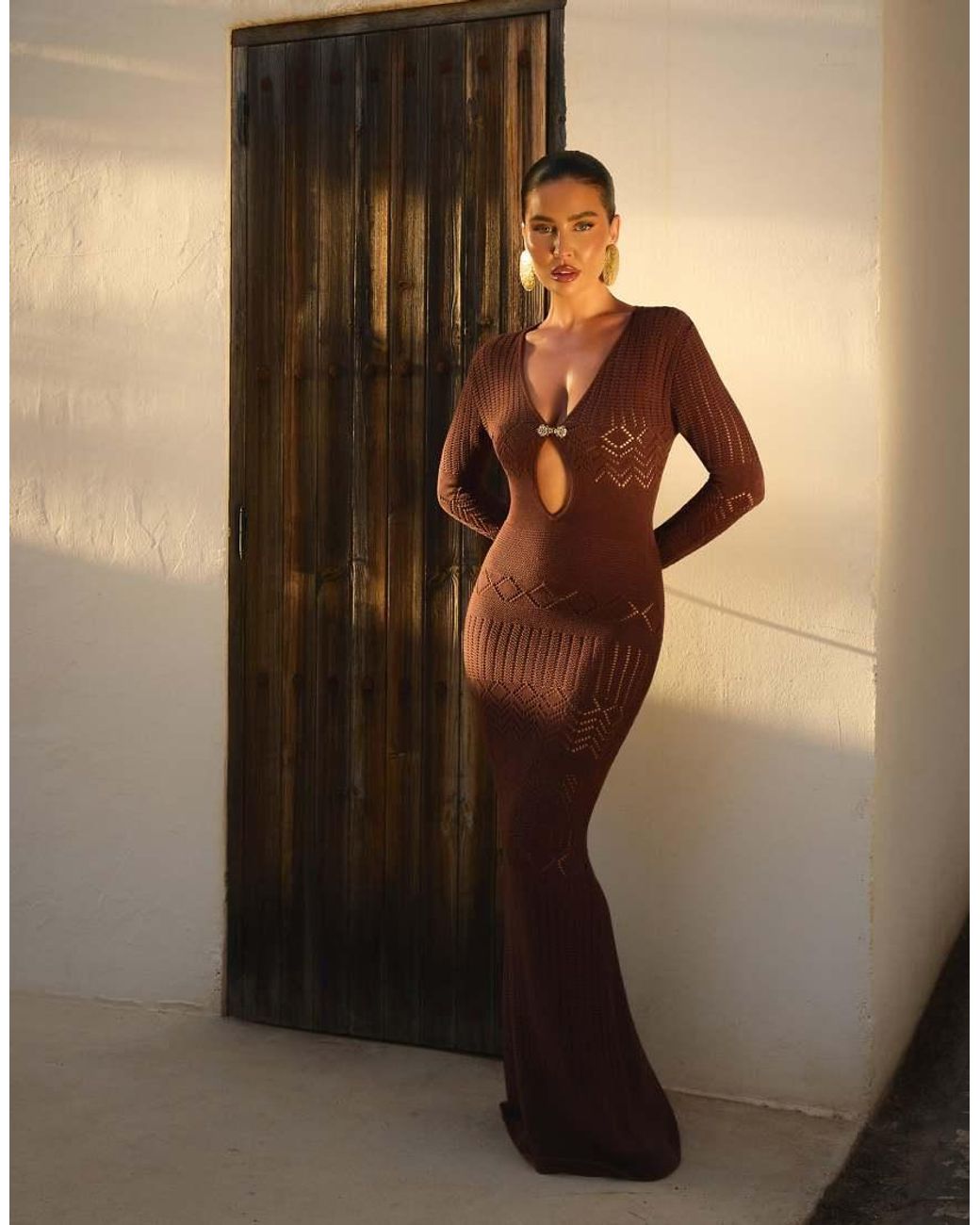 Wanderdoll Brown Wander Doll X Emma Milton Cotton Crochet Knit Gold Hardware Keyhole Front Maxi Dress