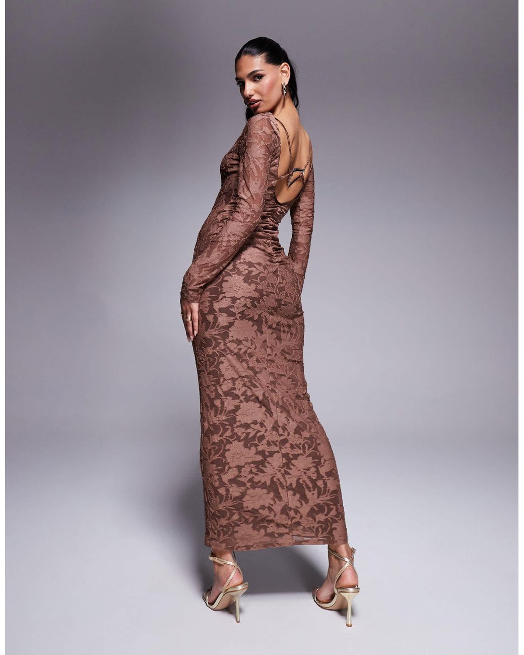 princess polly baby blue dress ASOS Long Sleeve Devore Midi Dress With Silver Hardware Back Detail in Brown