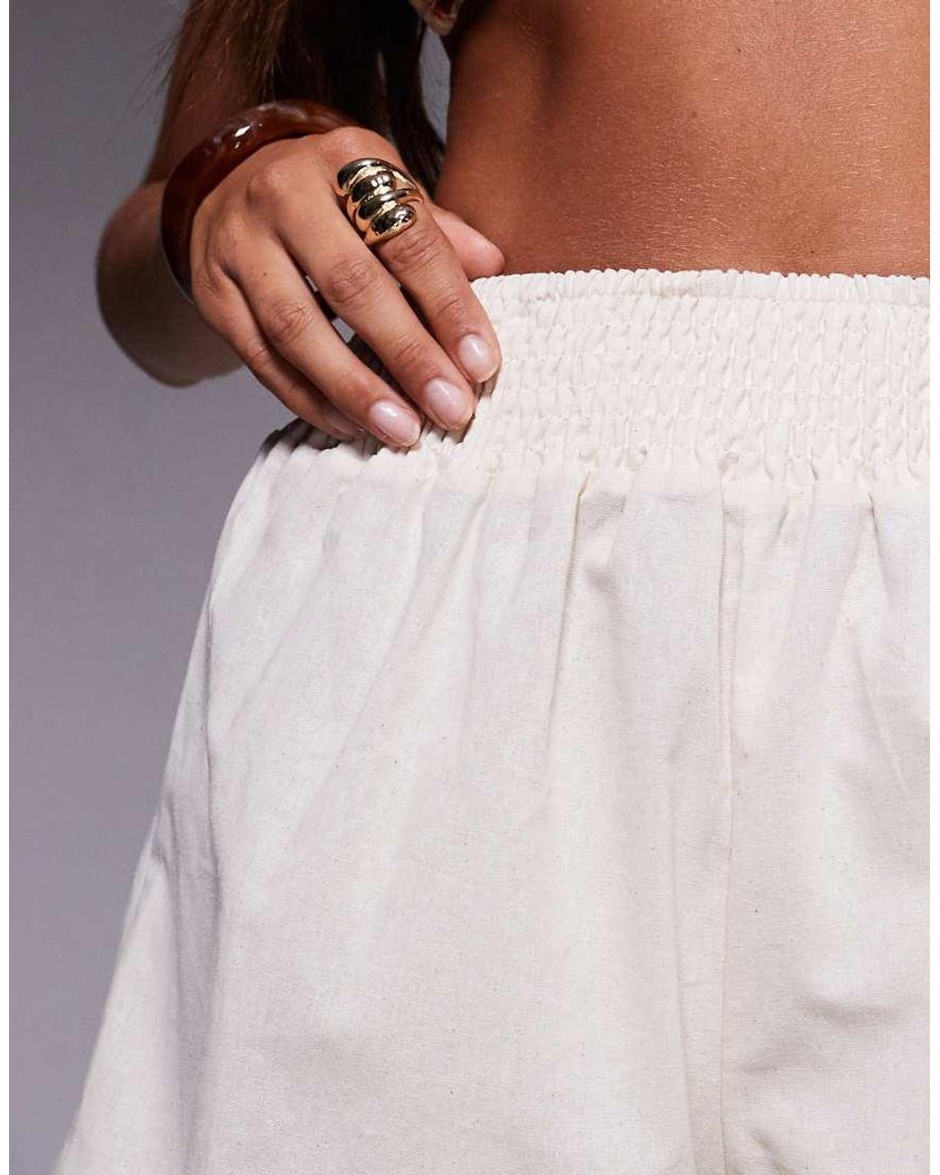 Missy Empire Natural Linen Look Shirred Waist Boxer Shorts