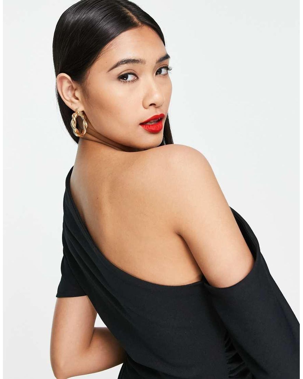 ASOS Black Pleated Shoulder Pencil Midi Dress