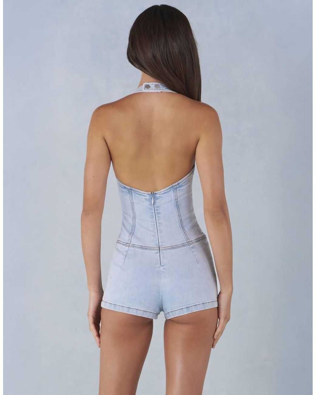 Oh Polly Blue Denim Halter Neck Lace Detail Playsuit