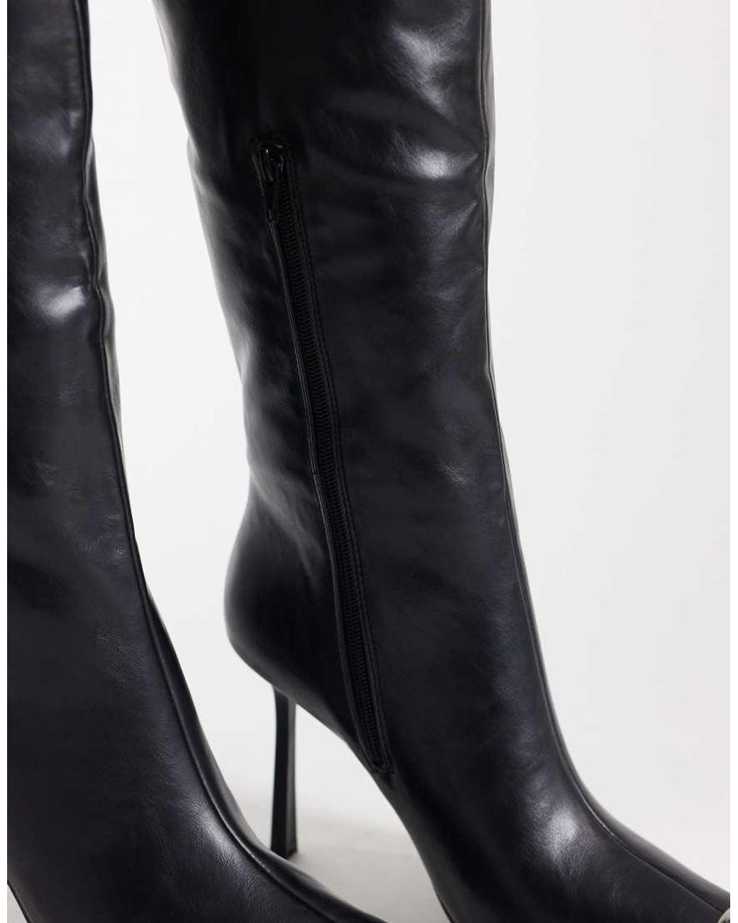 Public Desire Black Radiate Stiletto Heel Knee Boots With Pointed Metal Toe