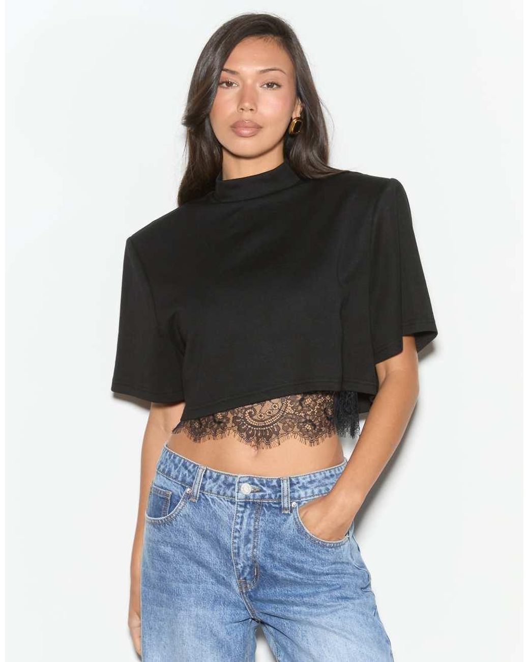Noughts & Kisses Black Mimi Shoulder Pad Structured Lace Trim Top