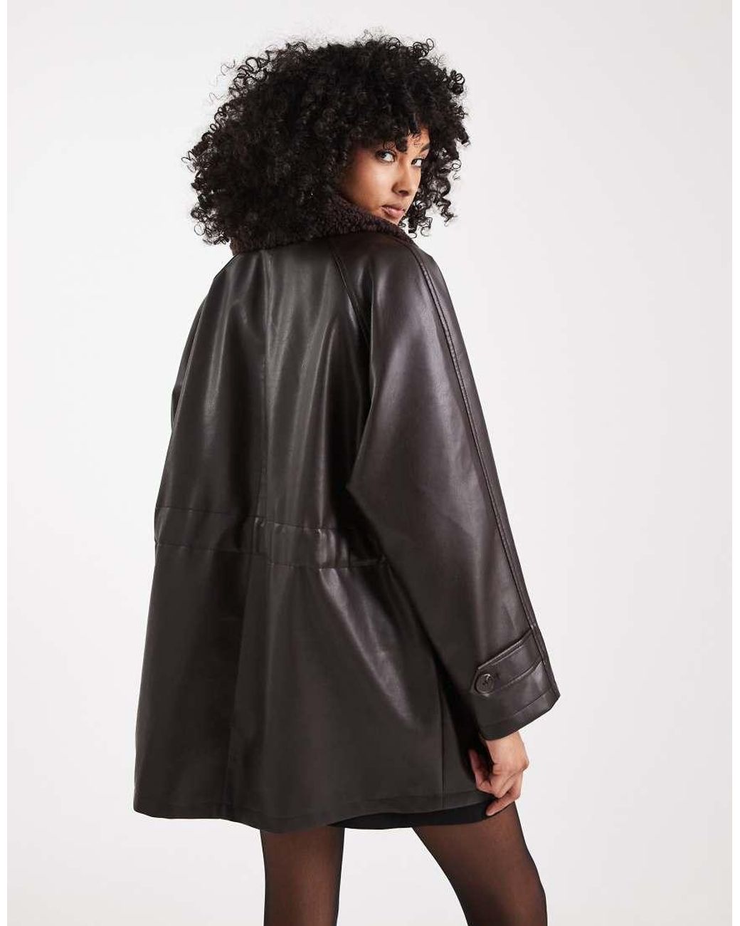 ASOS Black Leather Look Jacket With Borg Collar And Cinch Waist