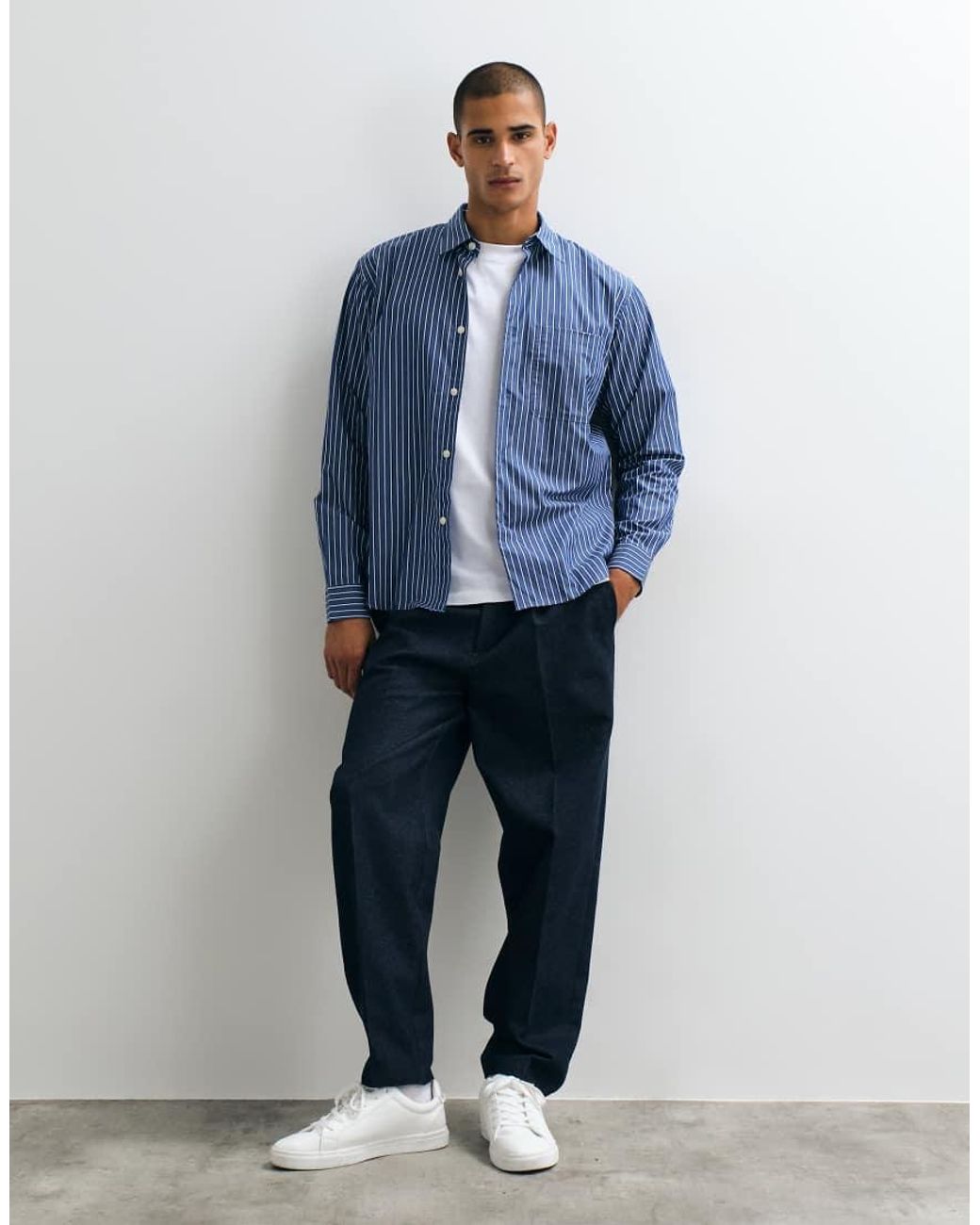 SELECTED Blue Long Sleeve Poplin Shirt With Stripes for men