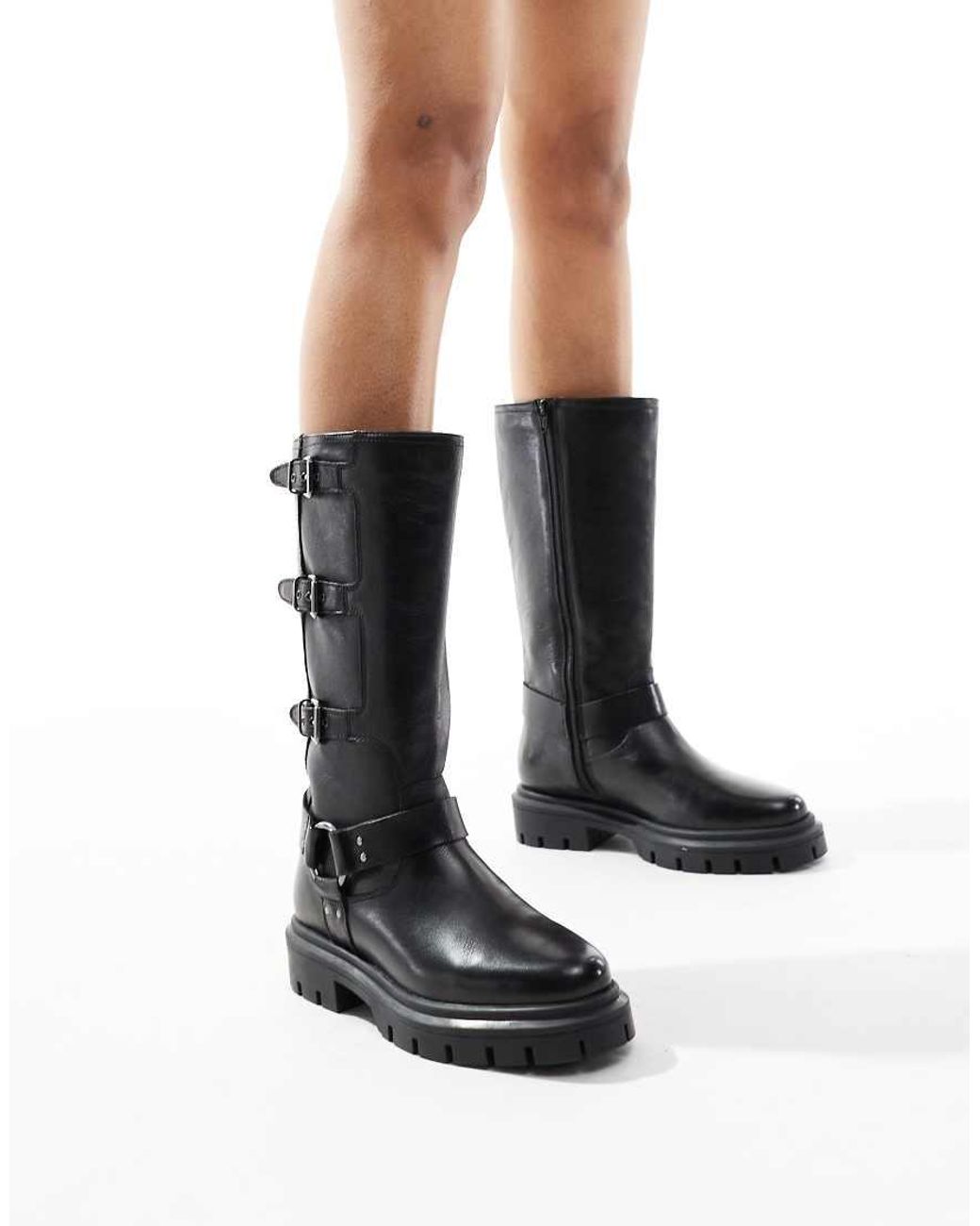 OFF THE HOOK Black 'Mauley' Lotus High-Ankle Anti Slip Heel Leather Mid Calf Boots