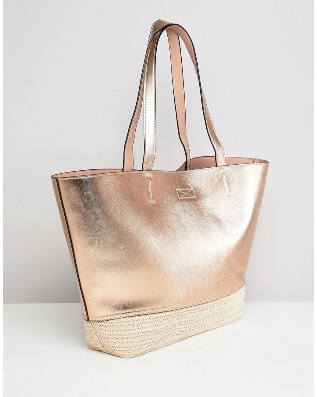 New Look Rose Gold & Straw Beach Bag in Metallic | Lyst