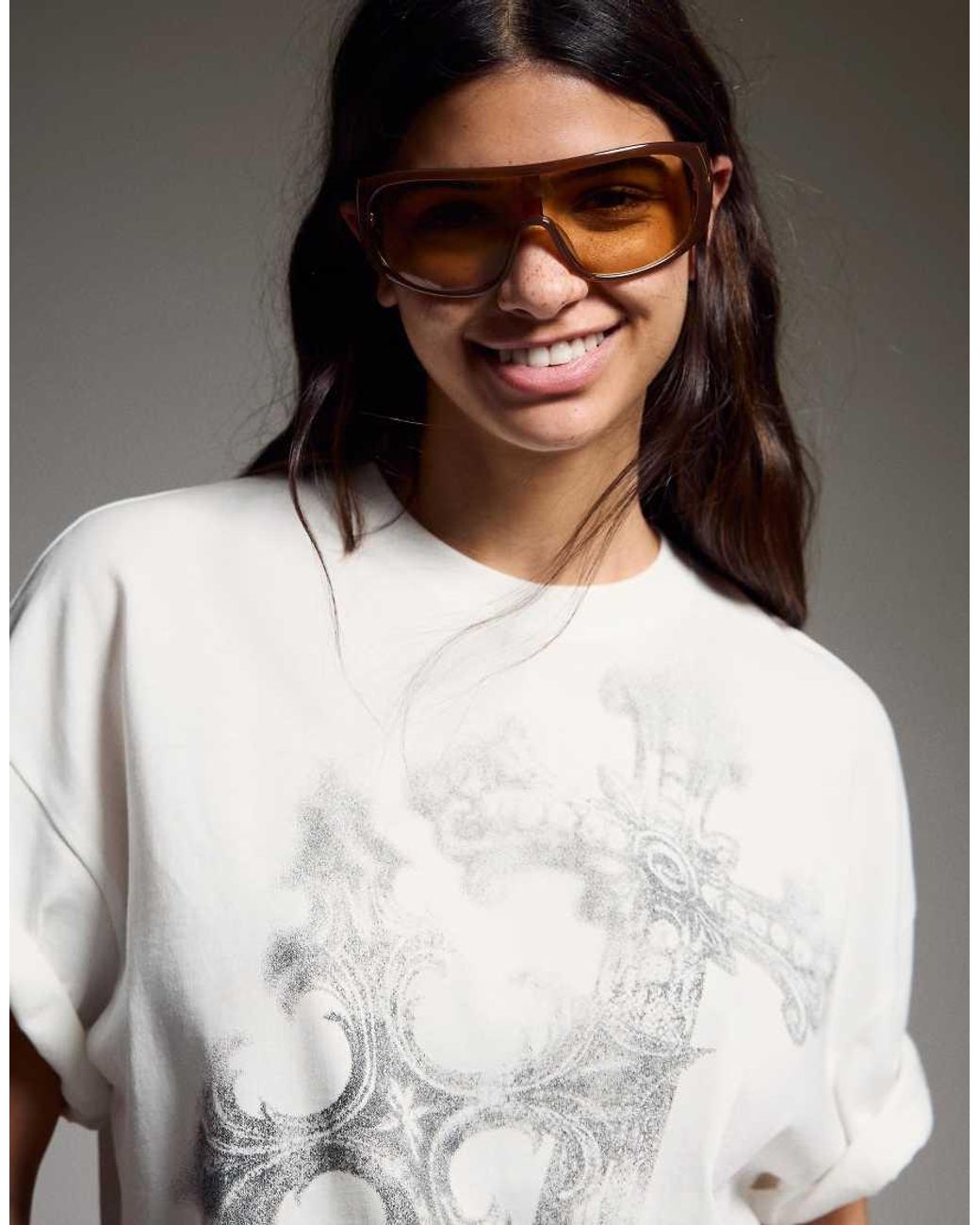 Bershka White Short Sleeve Oversize Print T-shirt