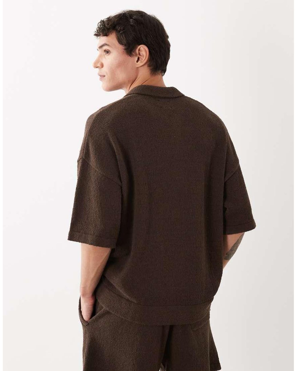 ASOS Brown Oversized Co-Ord Short Sleeve Knitted Boucle Notch Neck Polo for men