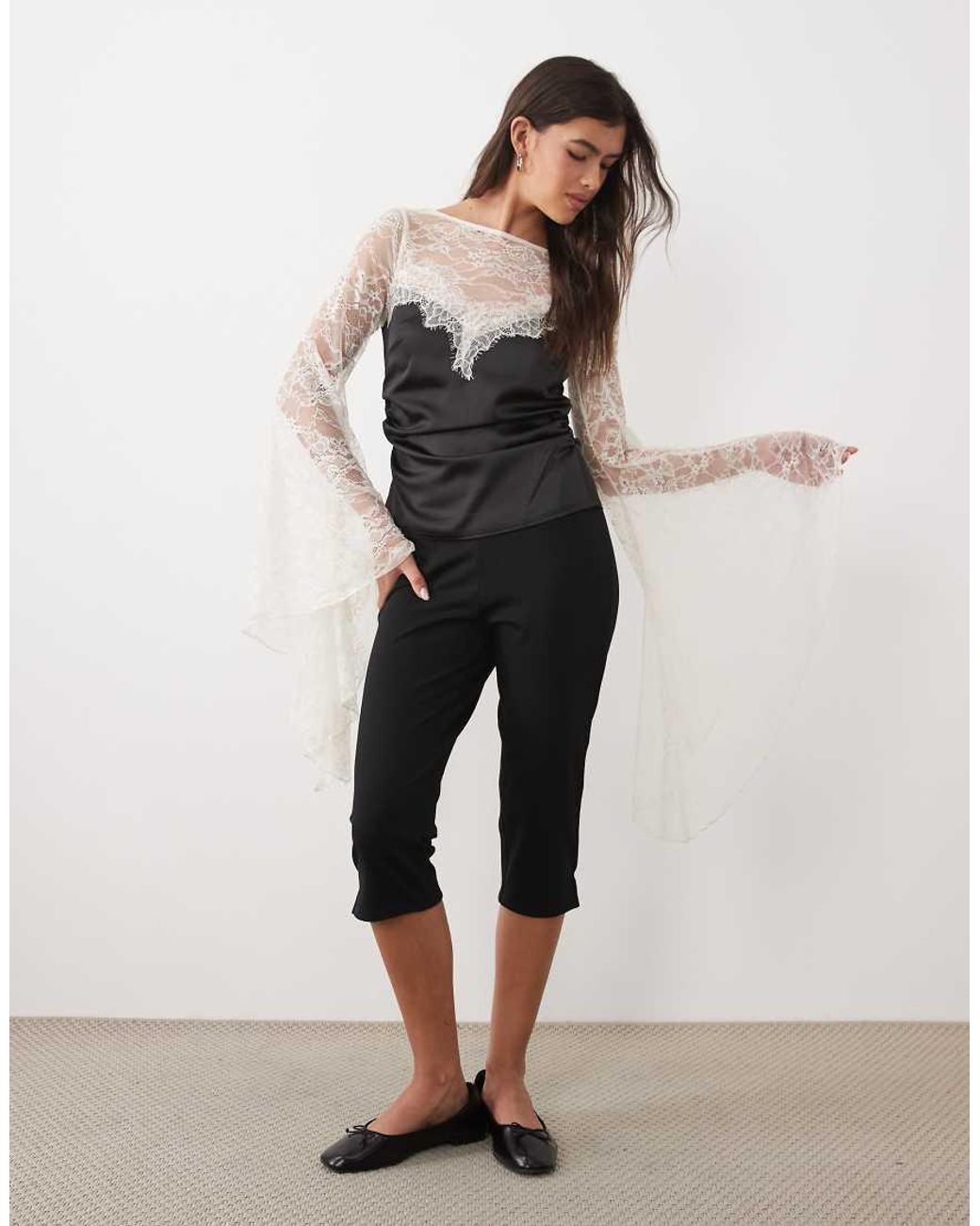 ASOS Black Satin Top With Lace Panel And Exaggerated Sleeve
