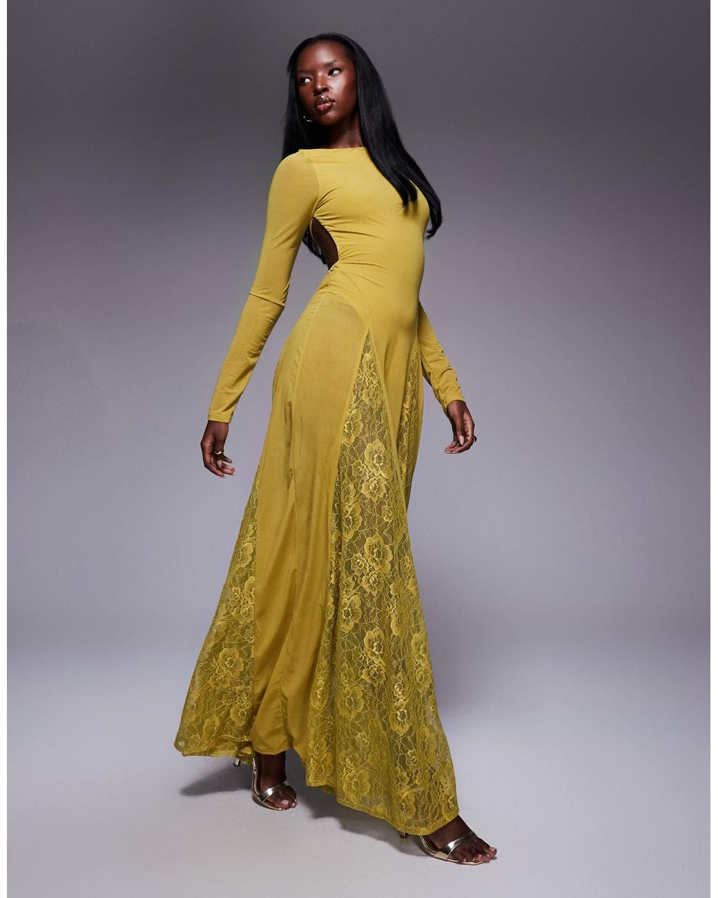 ASOS Metallic Long Sleeve Sheer Maxi Dress With Lace Panel Godets And Bodysuit