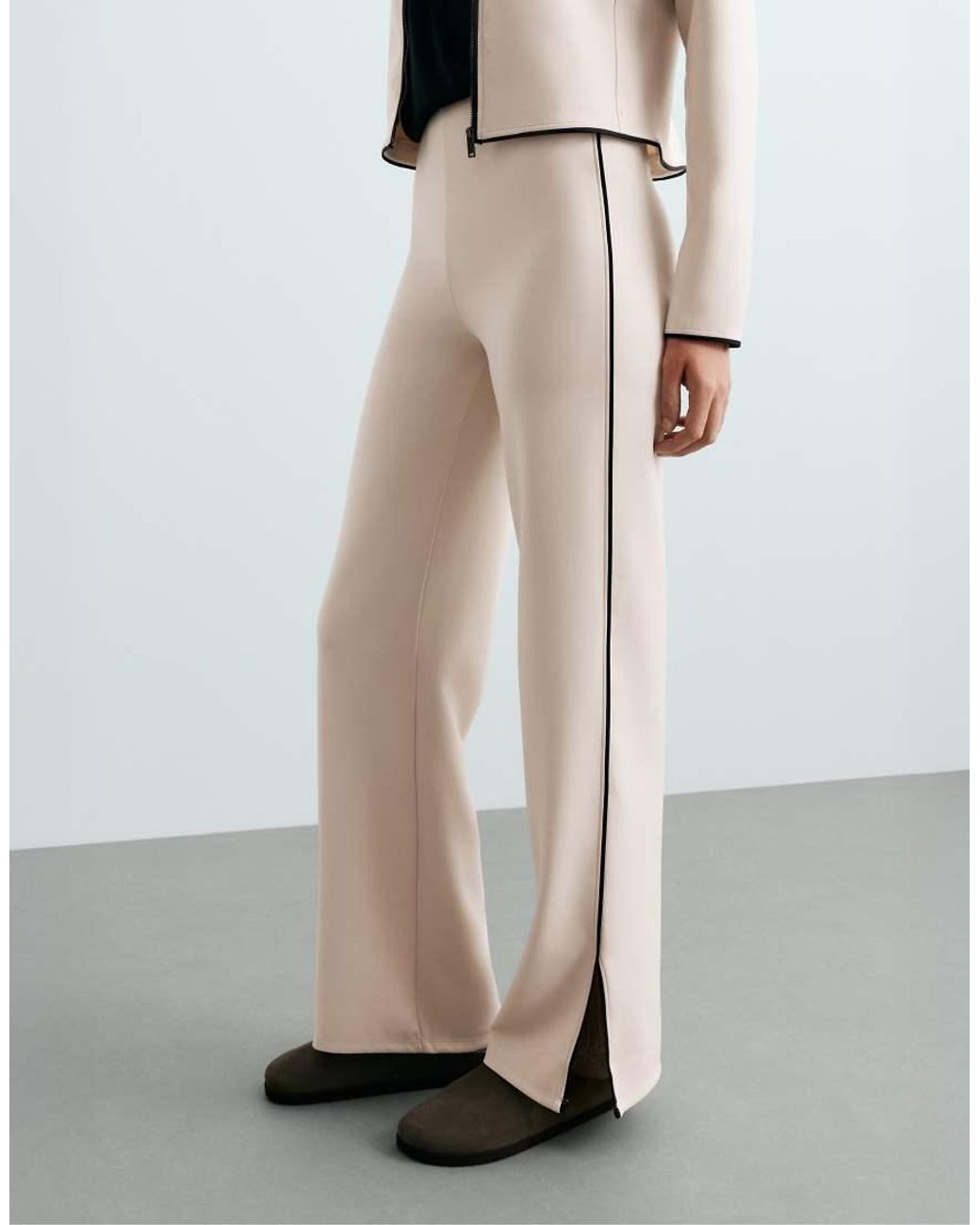 Oysho White High-Waist Straight-Leg Neoprene-Effect Piping Trousers