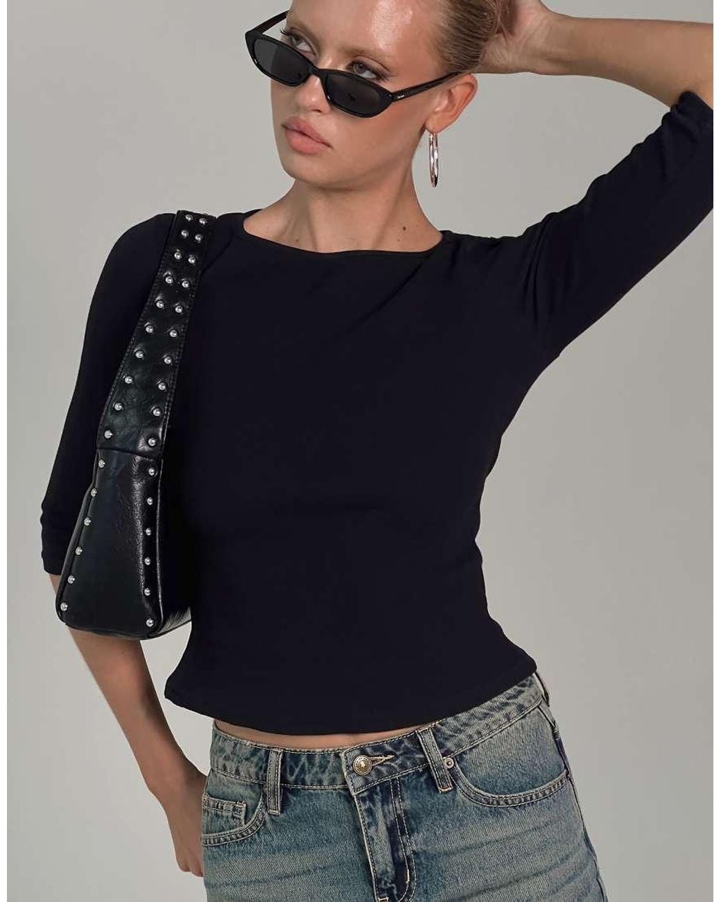 Princess Polly Black Elaia Cotton Rich Ribbed 3/4 Sleeve Top