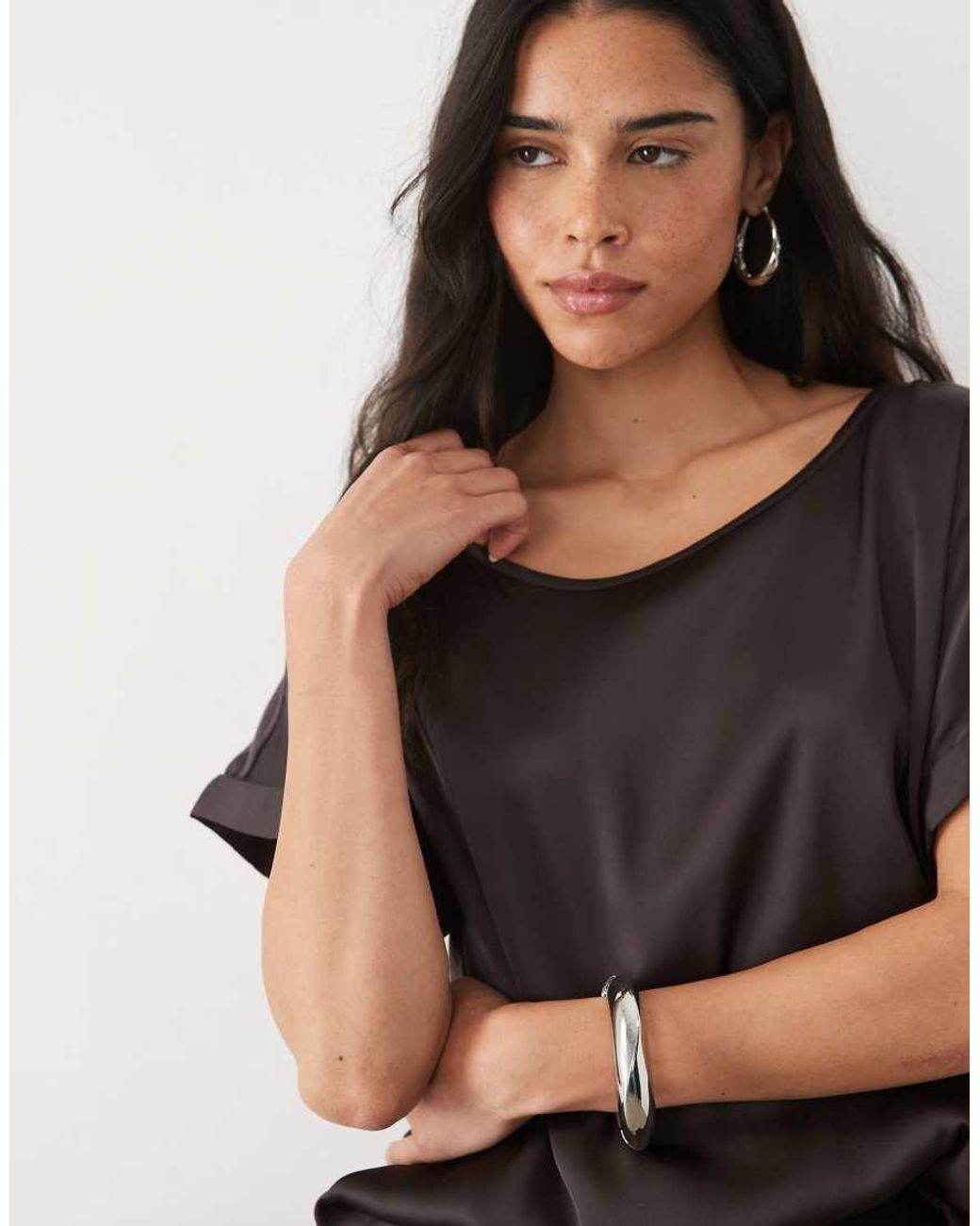 Jdy Brown Short Sleeve Satin Top