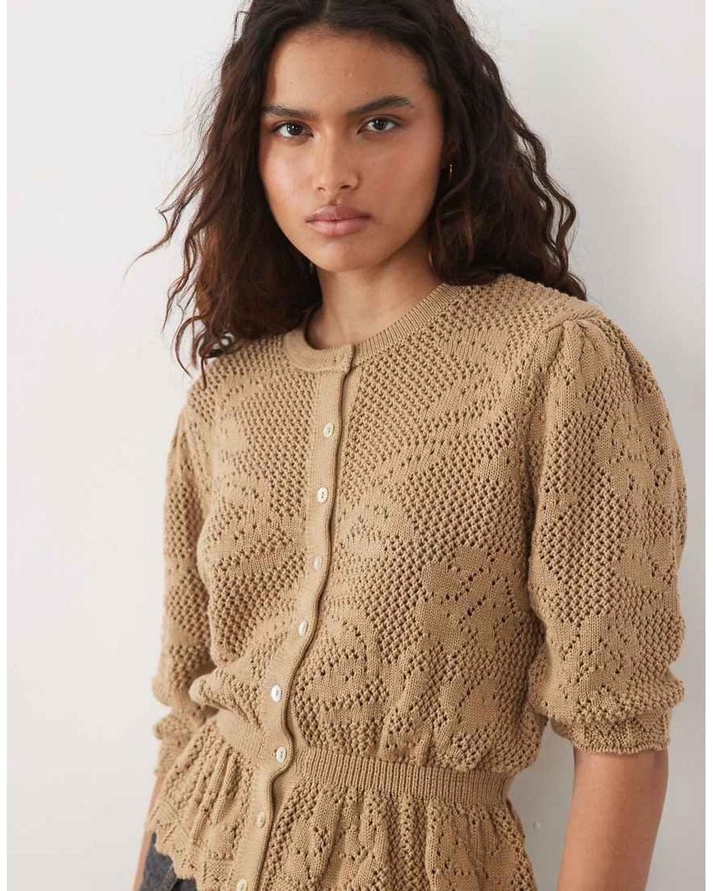 Miss Selfridge Natural Floral Knitted Cardigan With Peplum Hem