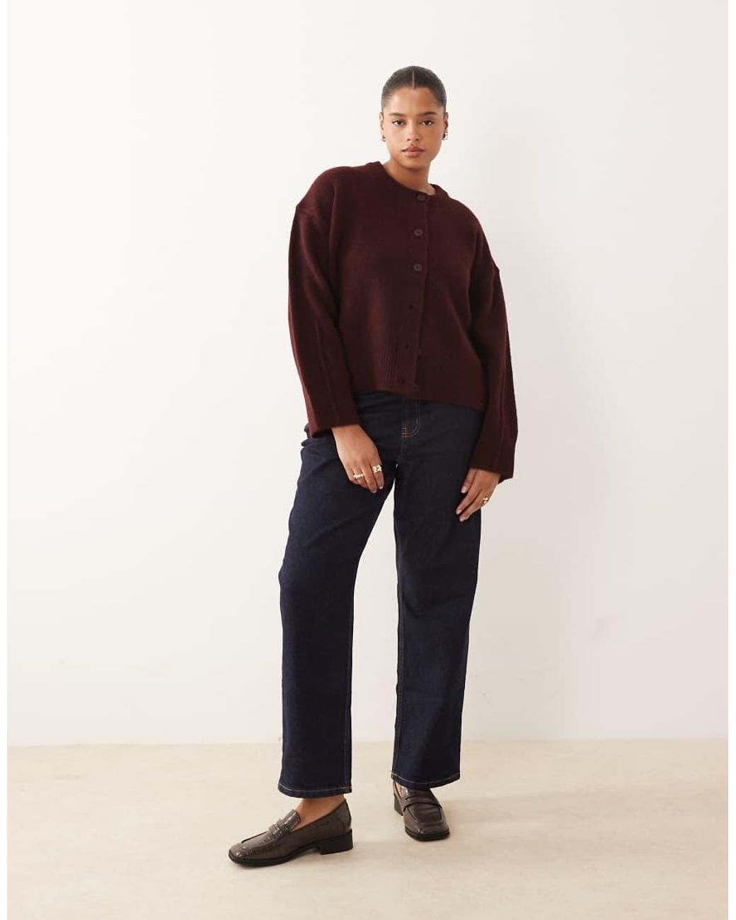 ASOS Brown Asos Design Curve Boxy Crew Neck Cardigan With Side Slit Detail