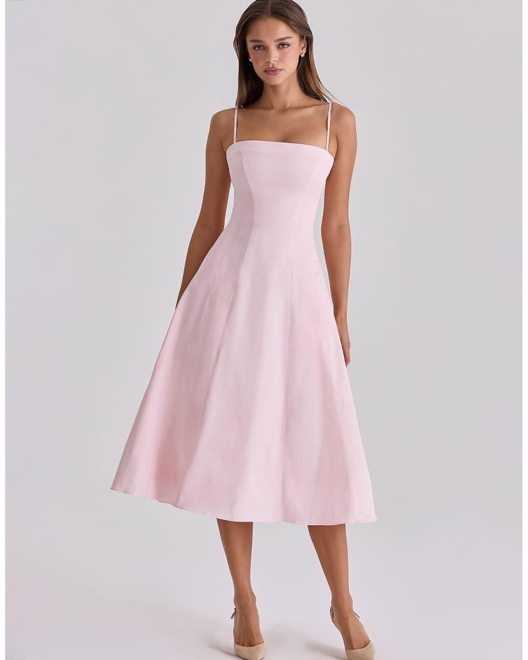 House Of Cb Pink Dolly Sateen Cotton Flared Midi Sundress