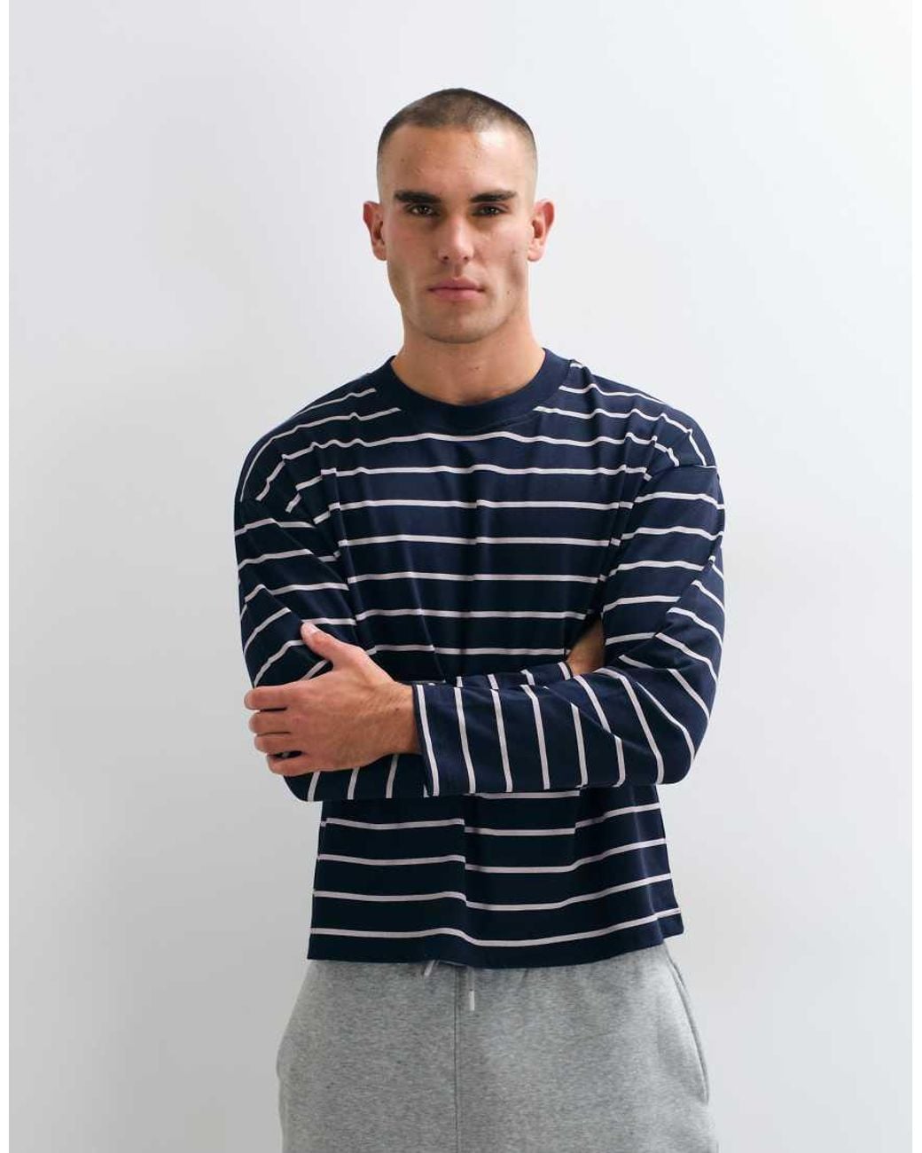 CERNUCCI Blue Long Sleeve Stripe T-shirt With Logo Back Print for men