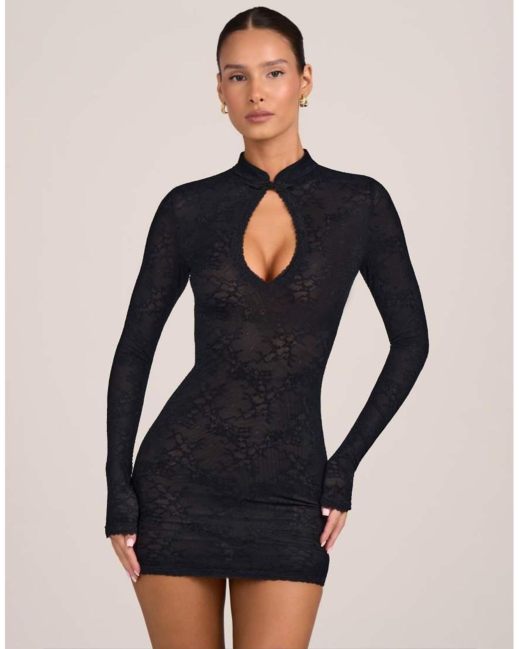 Oh Polly Black Lace Mesh Mandarin Collar Mini Dress