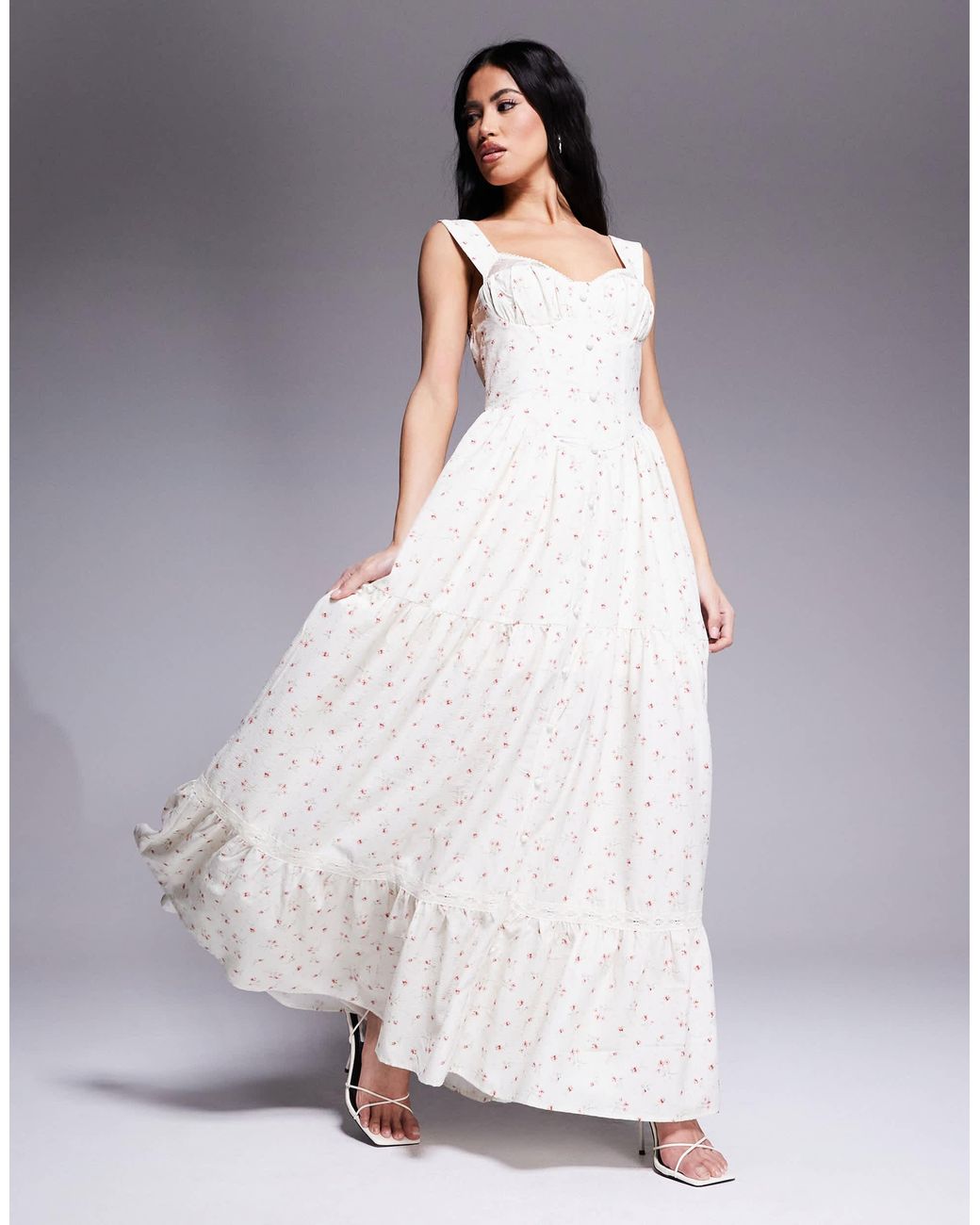 Love Triangle Milkmaid Tiered Maxi Dress in Gray | Lyst
