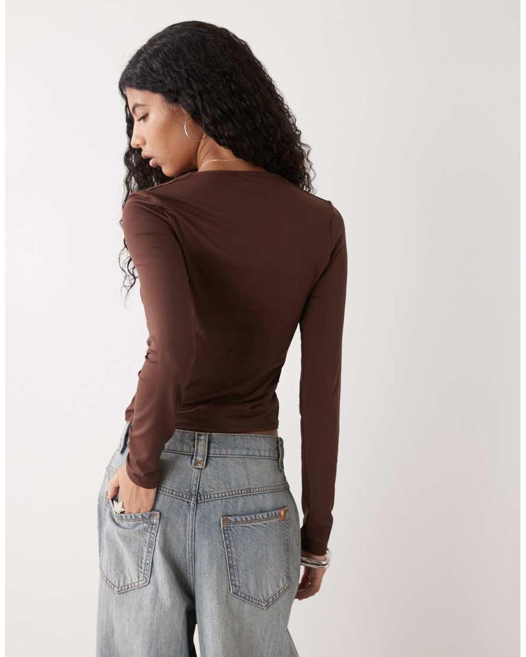 Collusion Brown Deep V Slinky Long Sleeve Top