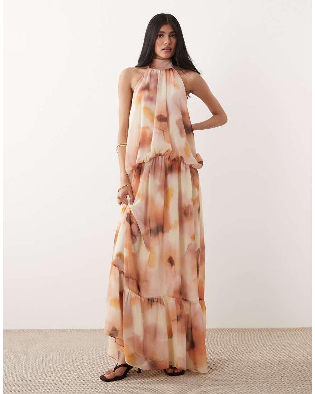 Mango Pink Halterneck Tiered Maxi Dress