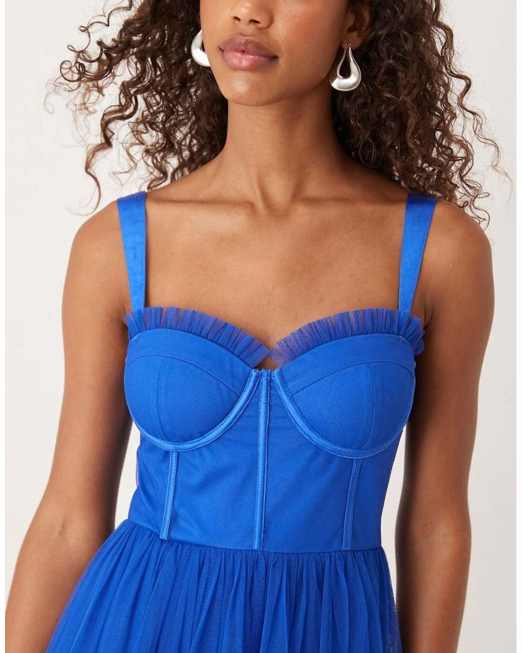 LACE & BEADS Blue Tulle Corset Midi Dress