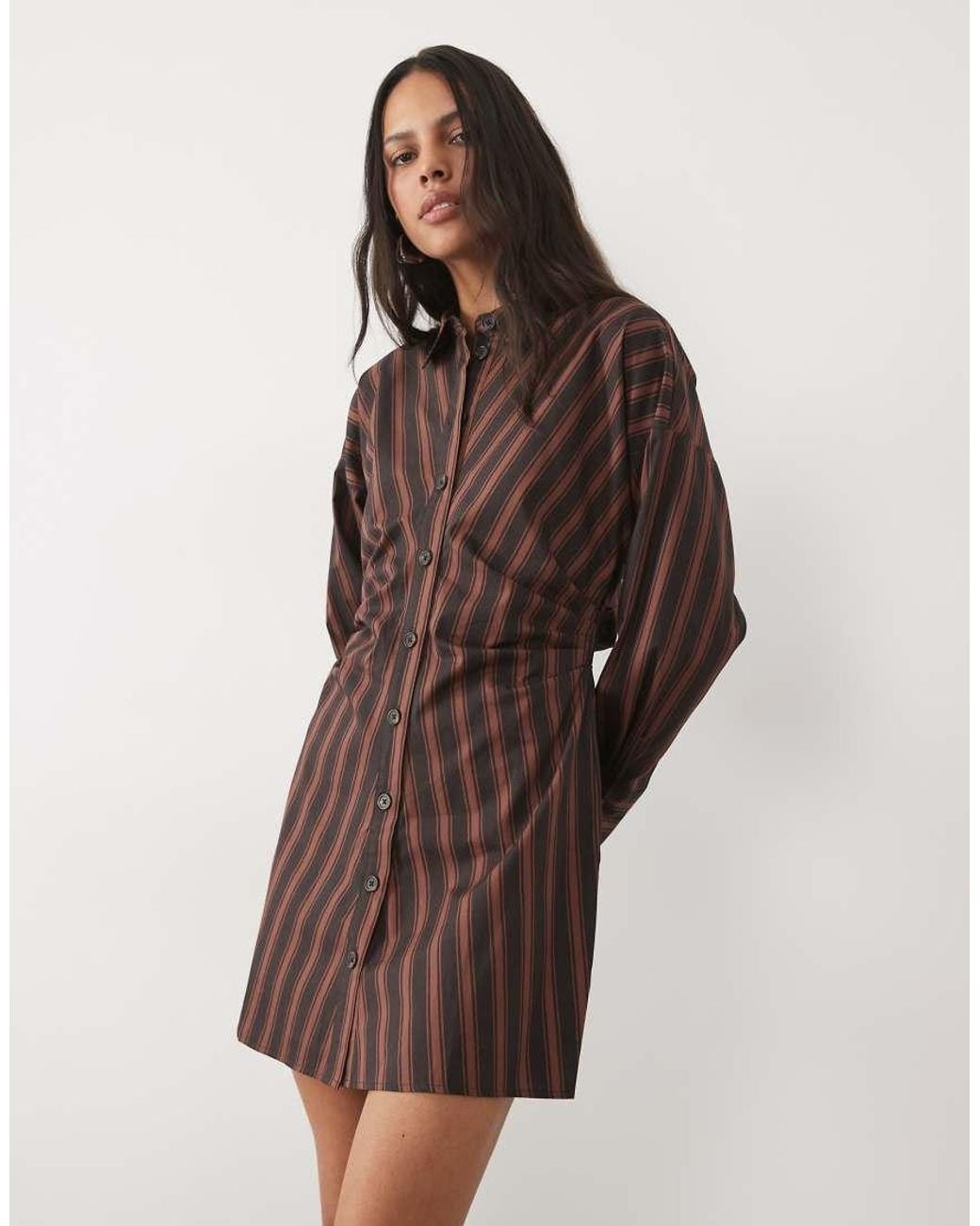 New Look Brown Stripe Shirt Mini Dress