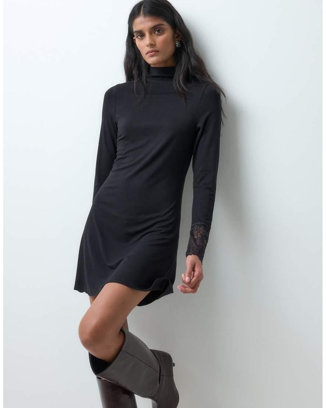 Miss Selfridge Blue Mini Dress With High Neck And Lace Trim