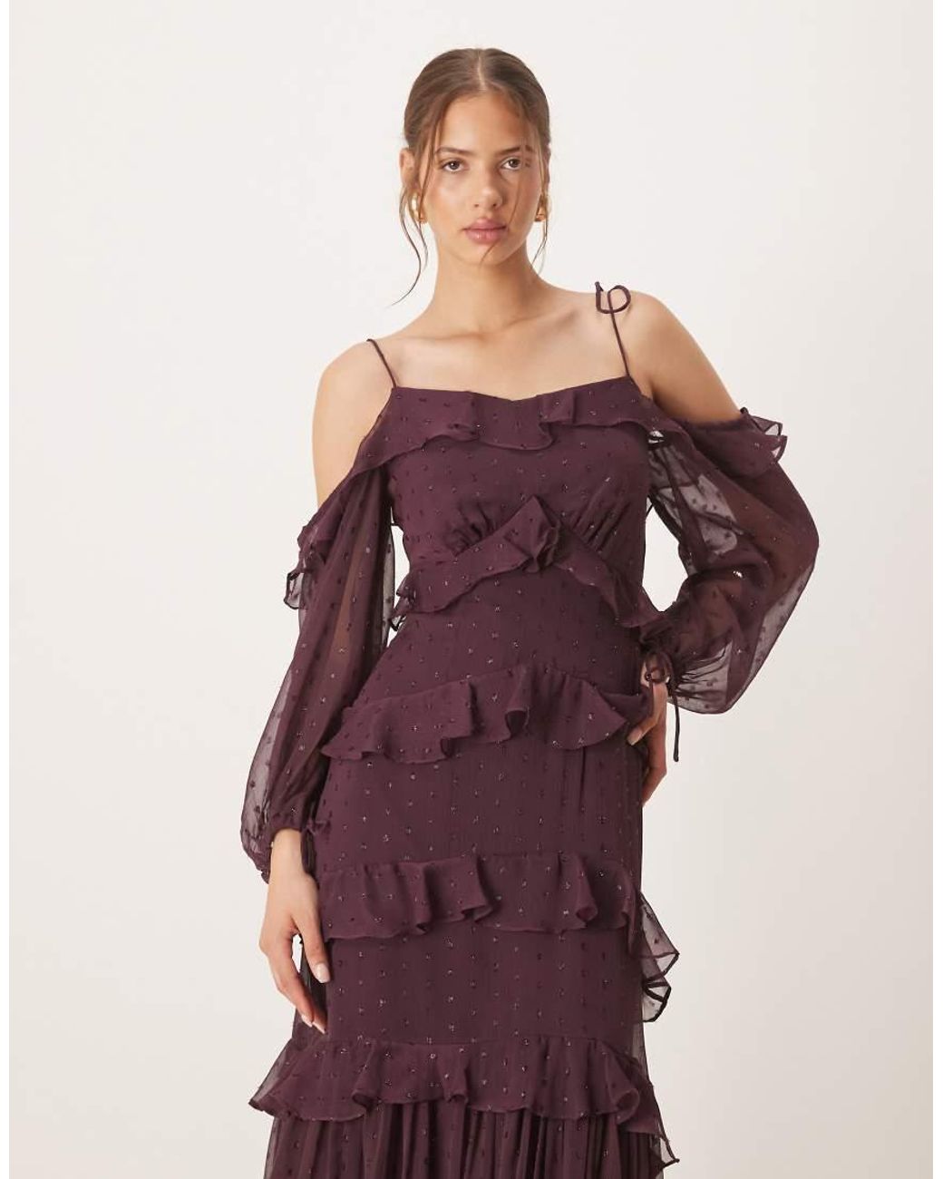 ANAYA Purple Cold Shoulder Ruffle Maxi Dress