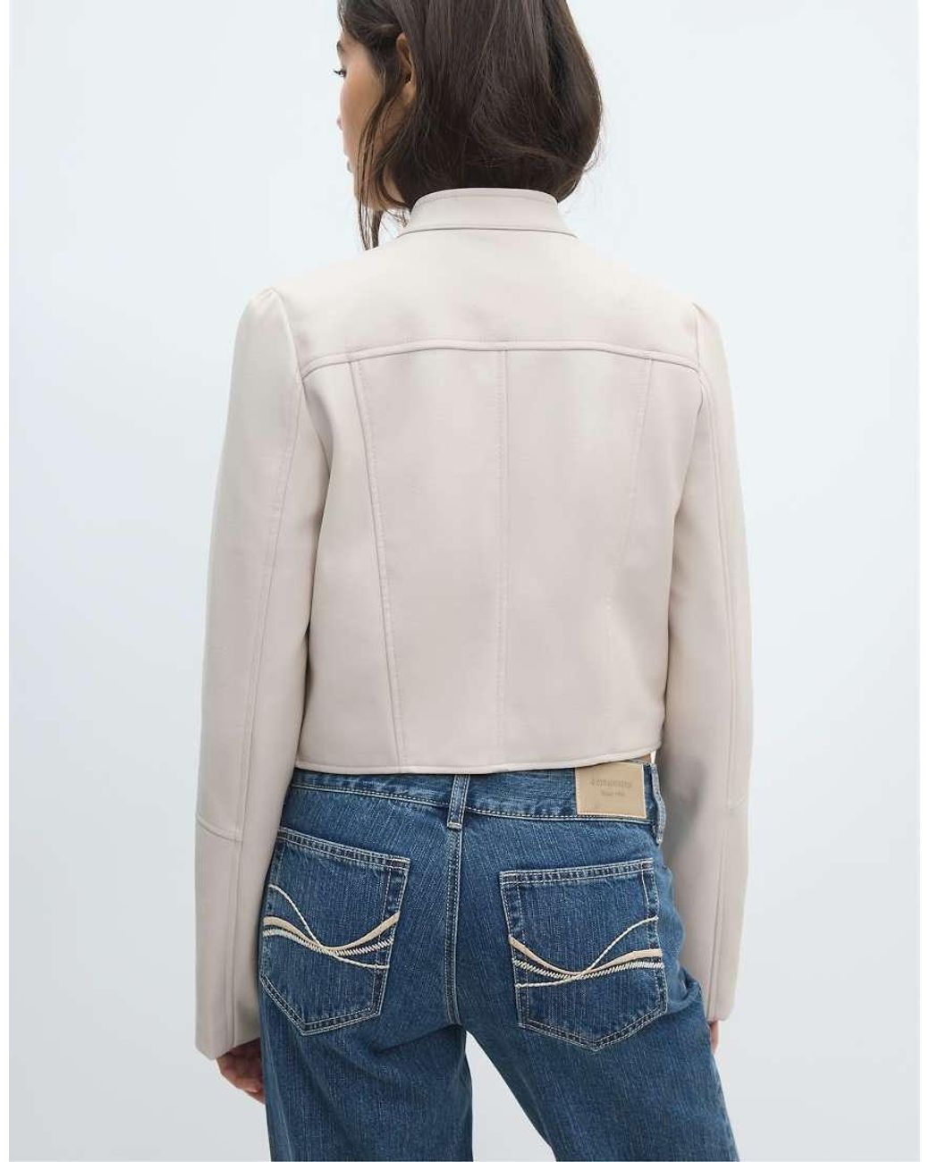 Stradivarius White Cropped Leather Effect Biker Jacket