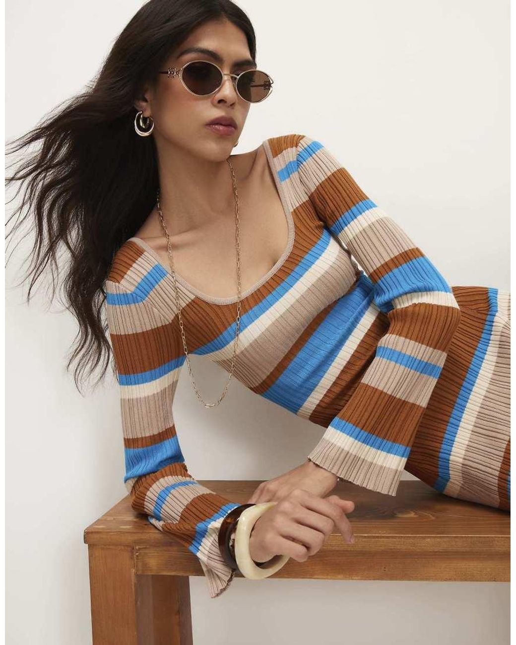 River Island Blue Long Sleeve Stripe Knit Midi Dress