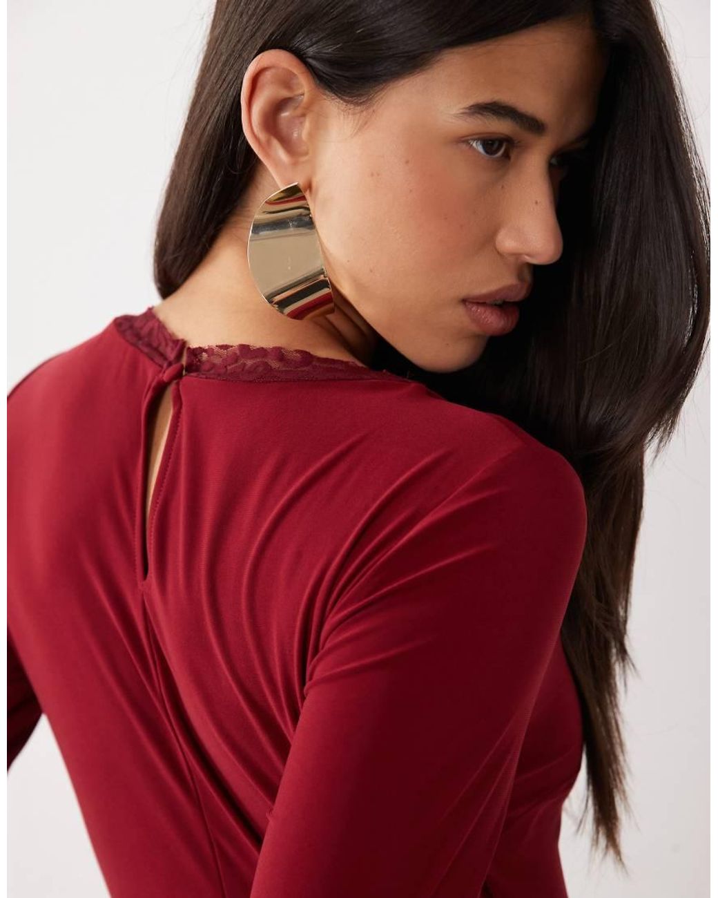DASKA Red Slash Neck Slinky Maxi Dress With Lace Trim Detail