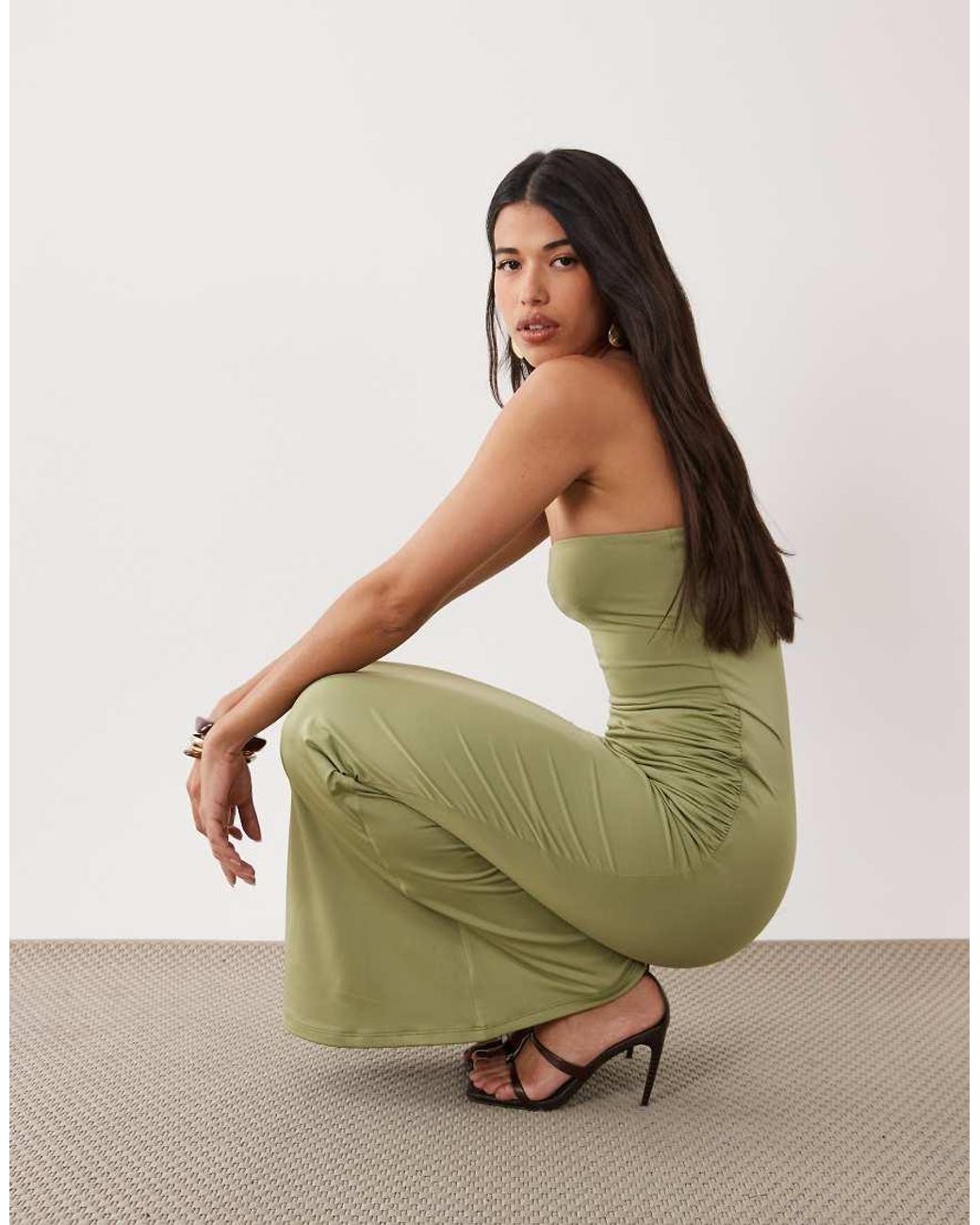 Aria Cove Green Double Layered Slinky Bandeau Drape Detail Maxi Dress