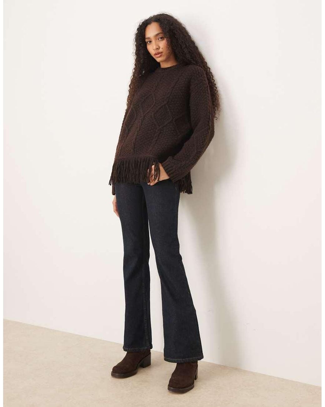 ASOS Black Cable Knit Crew Neck Fringed Sweater
