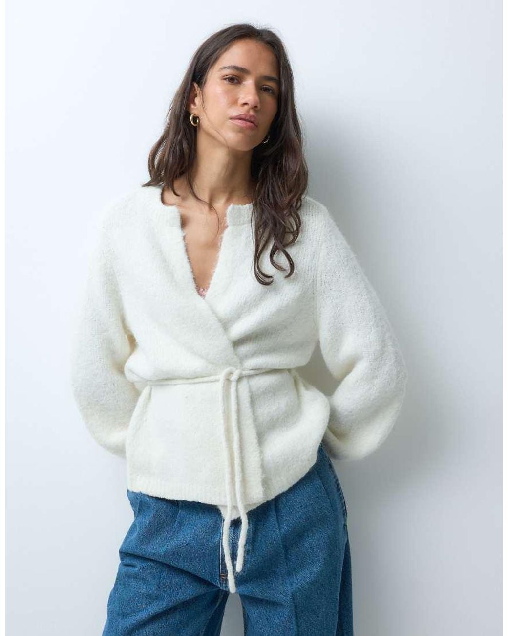 Vero Moda White Tie Waist Fluffy Knit Cardigan