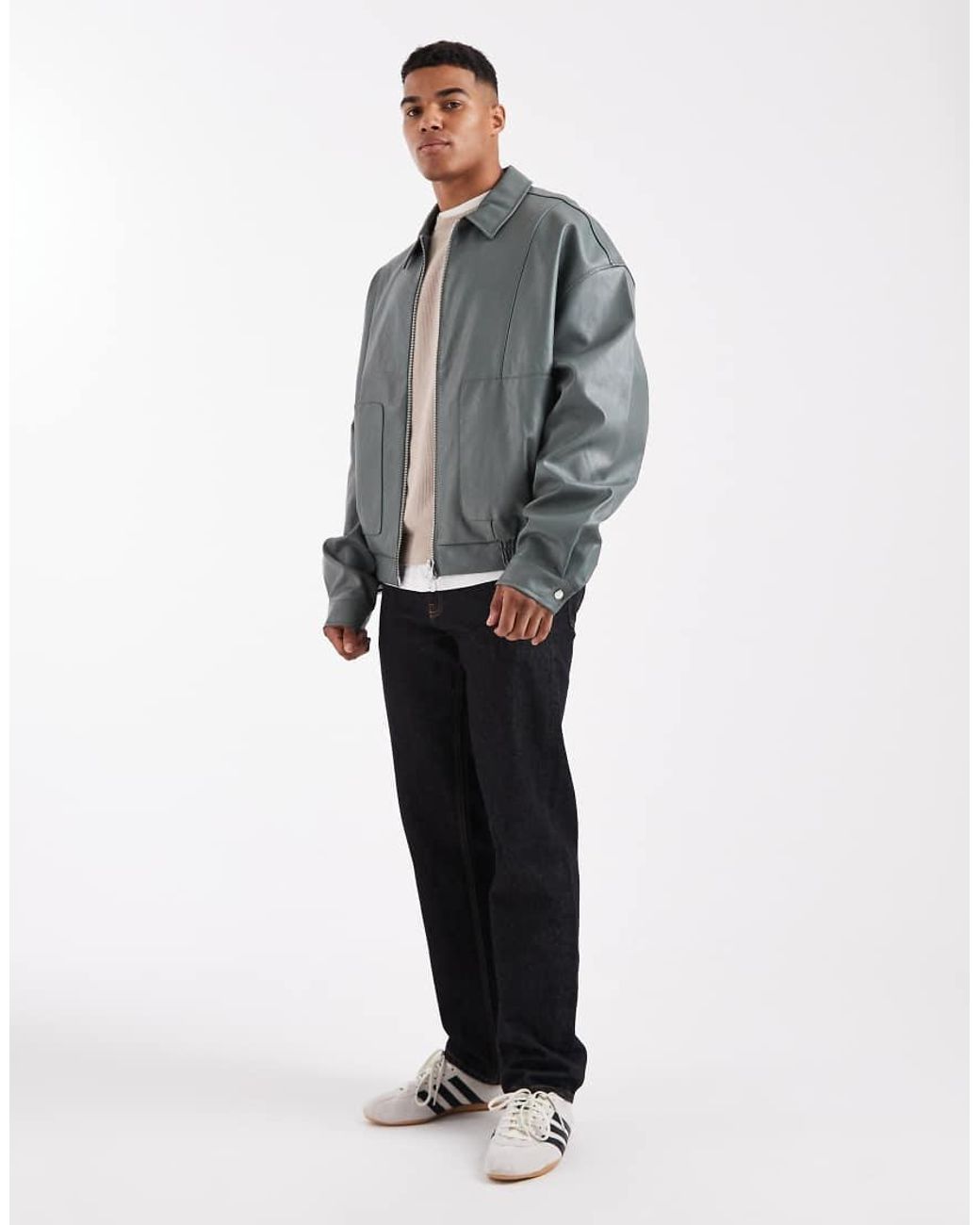 ASOS Gray Faux Leather Bomber for men