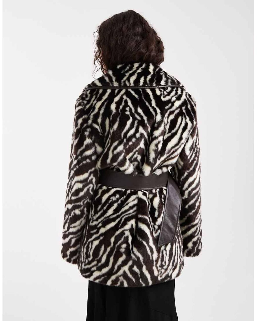 Miss Selfridge Black Faux Fur Belted Mid Length Coat