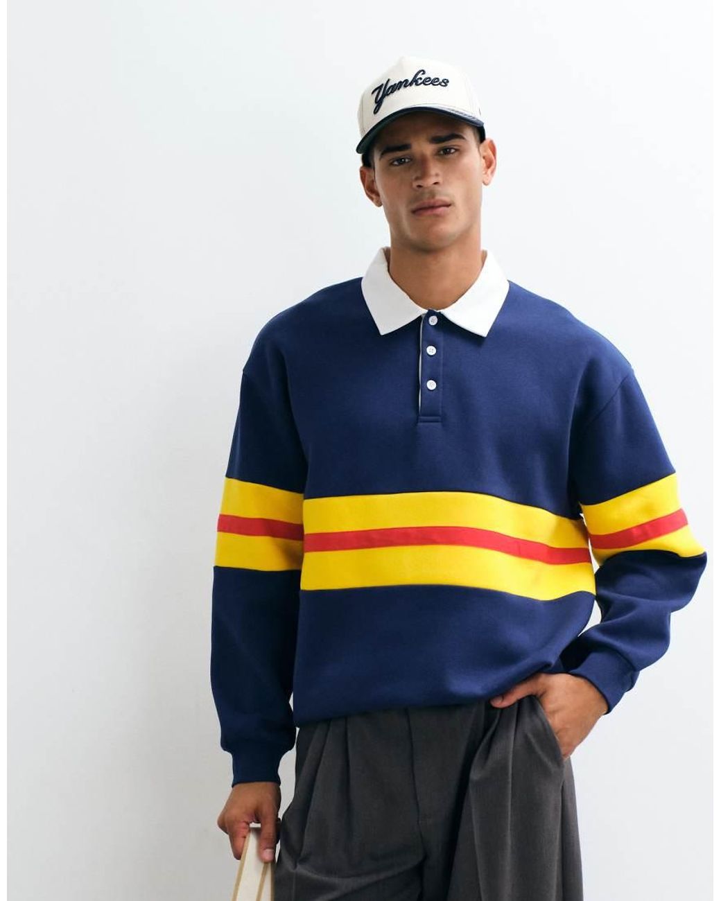 ASOS Blue Oversized Rugby Polo With Contrast Panelling for men