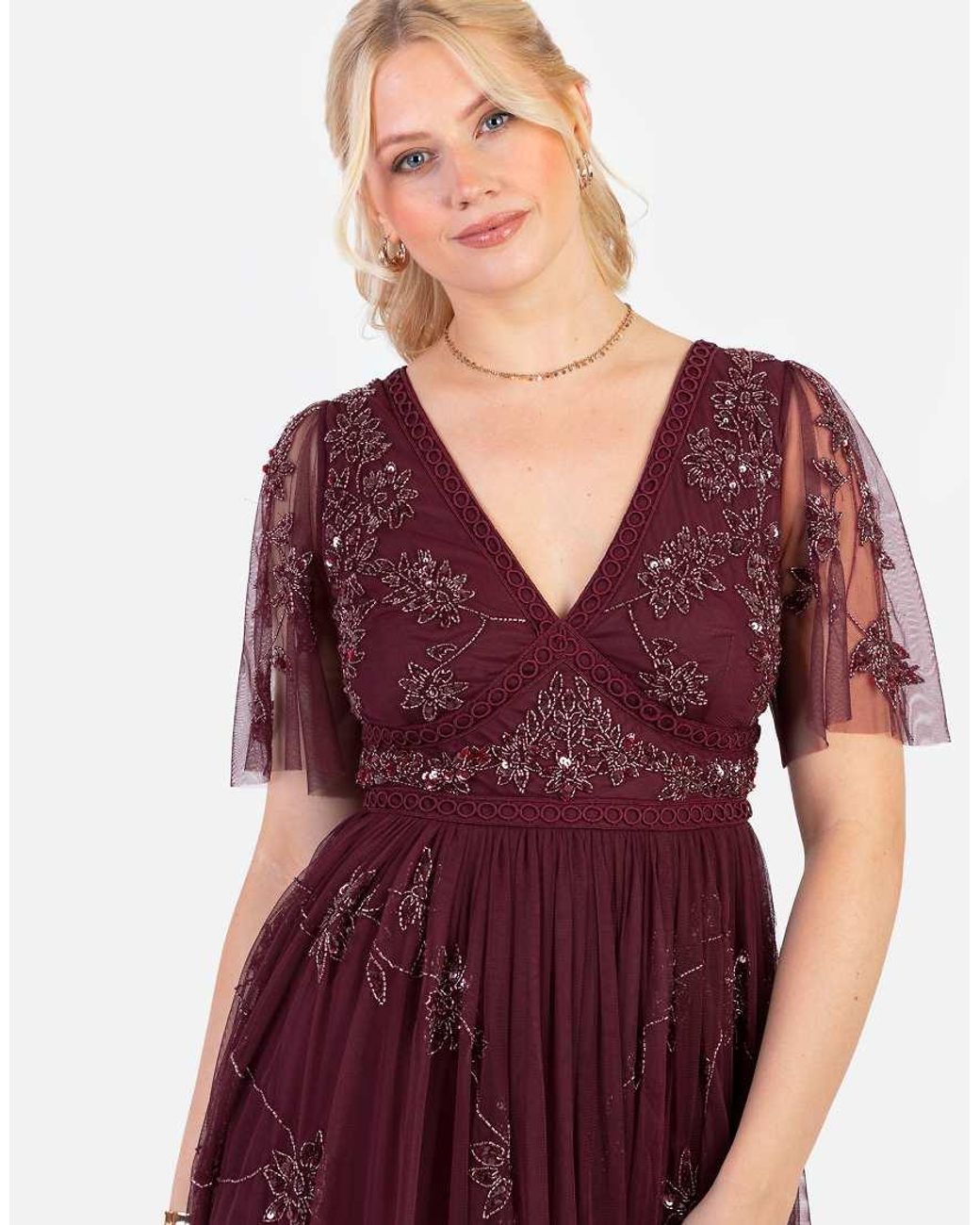 Maya Red Embellished Short Sleeve Open Back Midaxi Dress