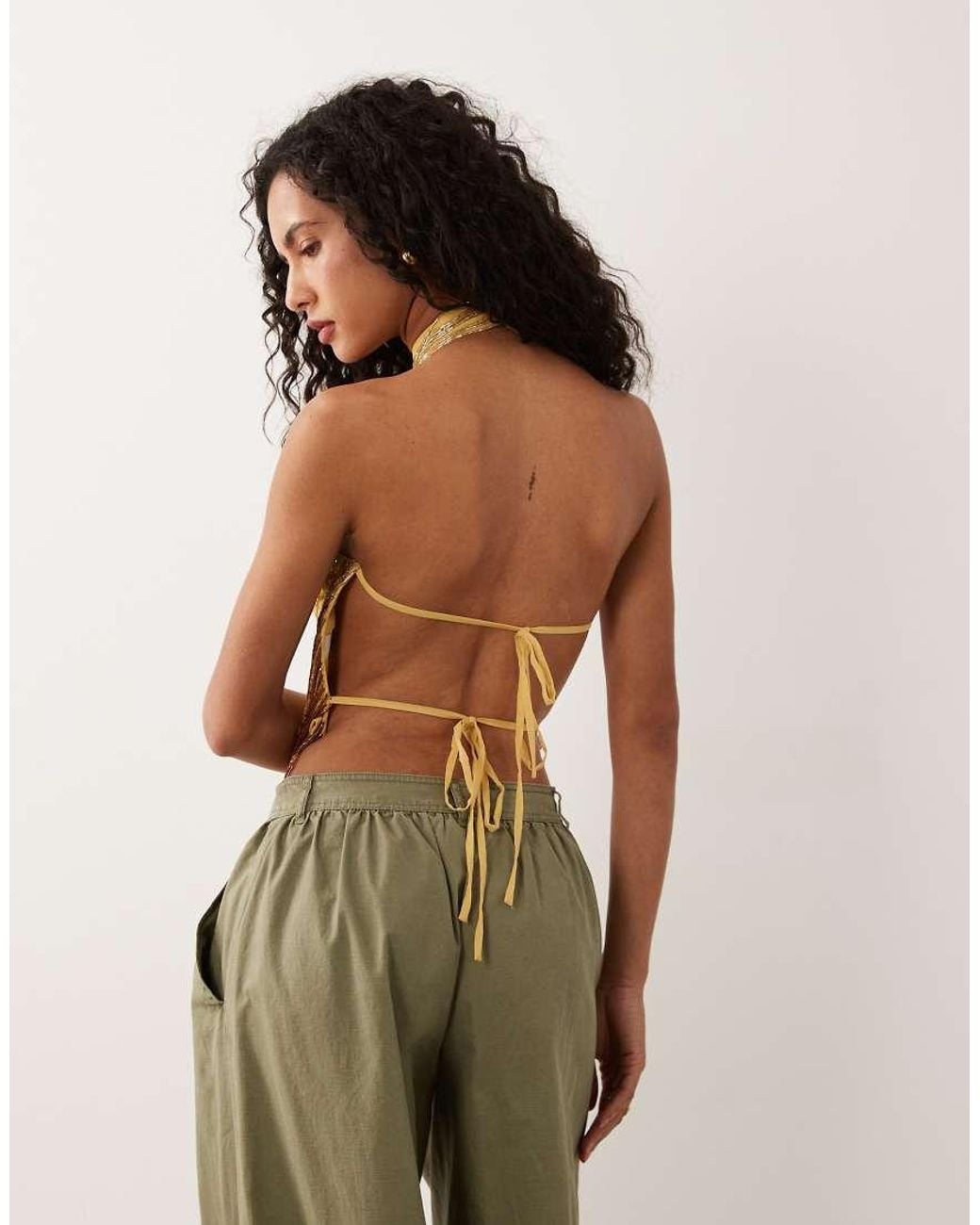 ASOS Metallic Halterneck Open Back Drape Beading Top