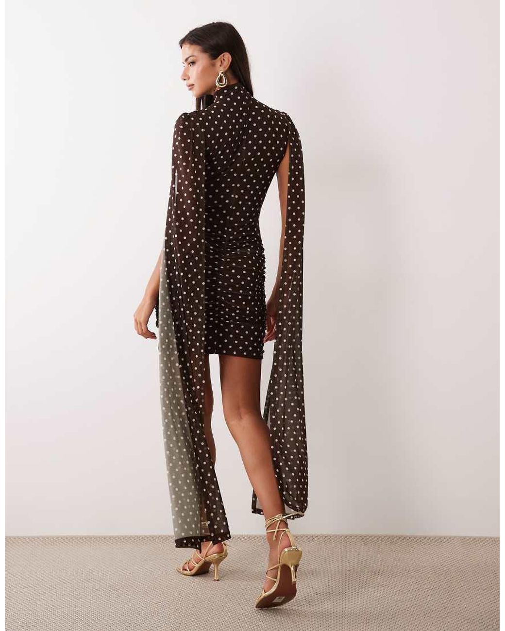 Ruched & Ready Brown Mesh High Neck Cape Detail Mini Dress