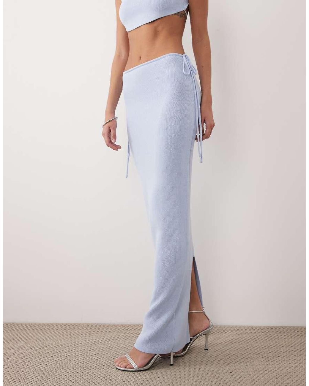 Wanderdoll Blue Sienna Fine Knit Tie Side Maxi Skirt Co-Ord