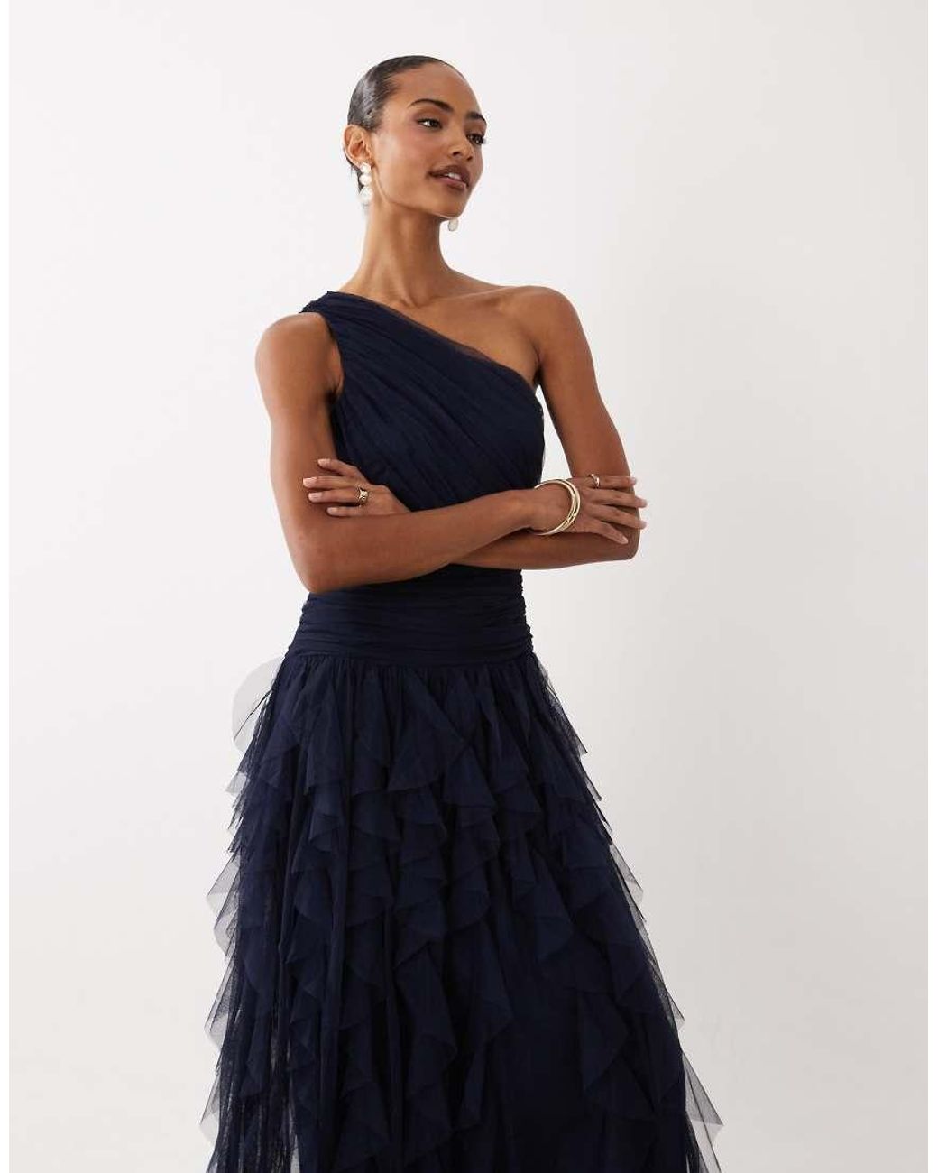 LACE & BEADS Blue Bridesmaid One Shoulder Waterfall Ruffle Maxi Dress