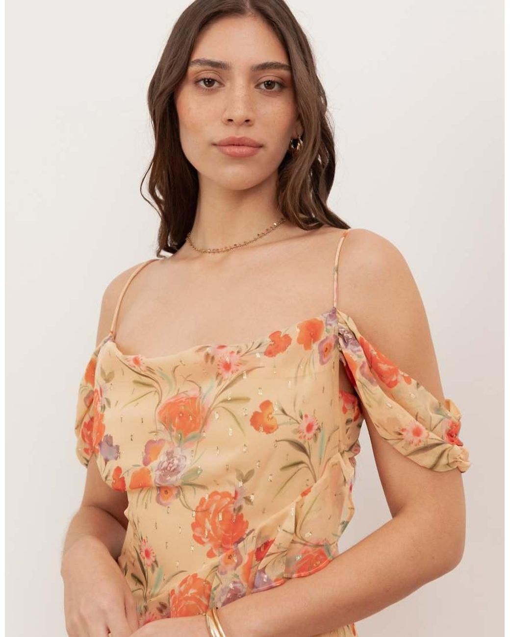 ANAYA Pink Floral Print Cowl Neck Cold Shoulder Ruffle Maxi Dress